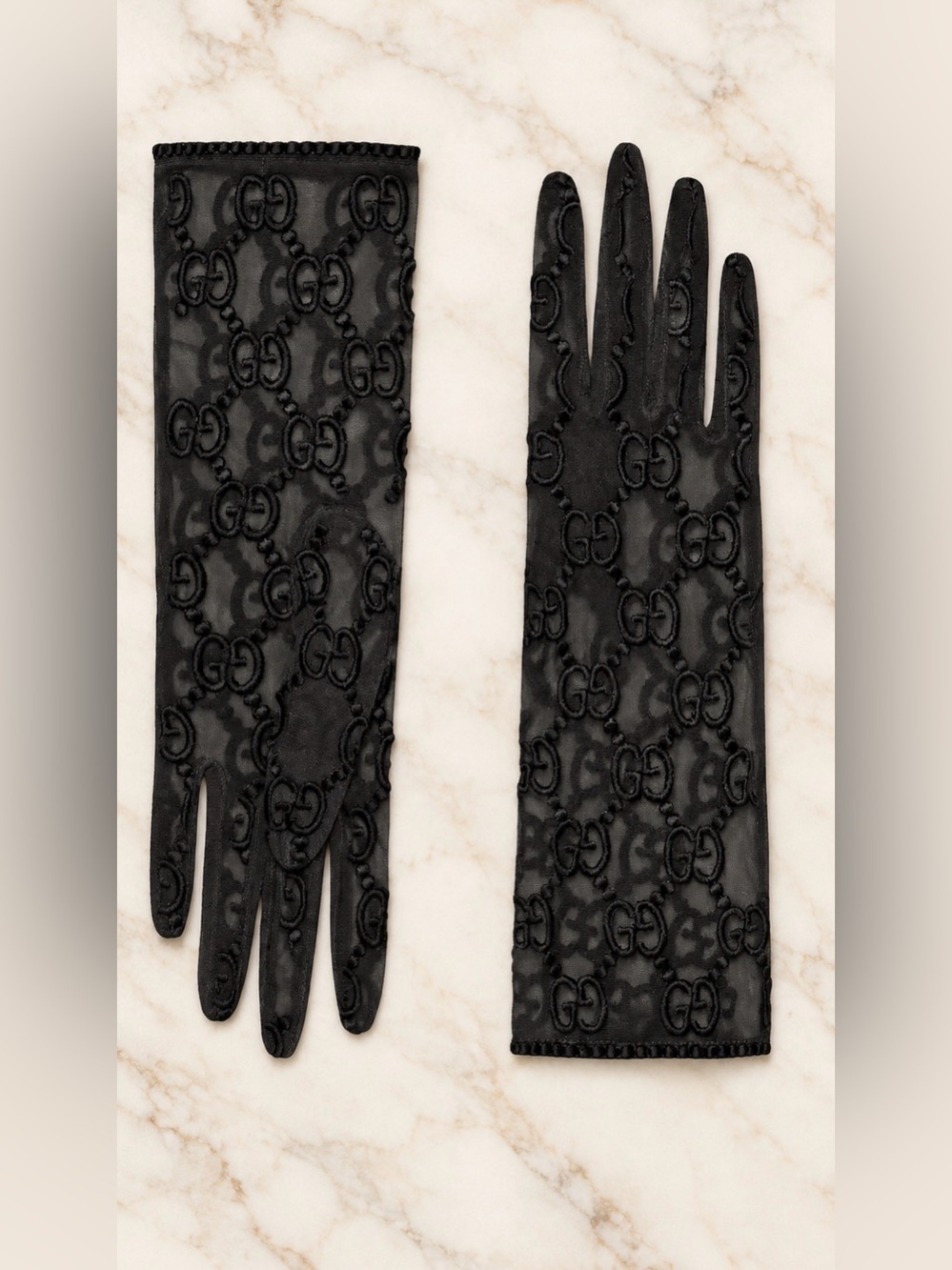 Authentic Gucci GG Embroidered Black Tulle Opera Gloves